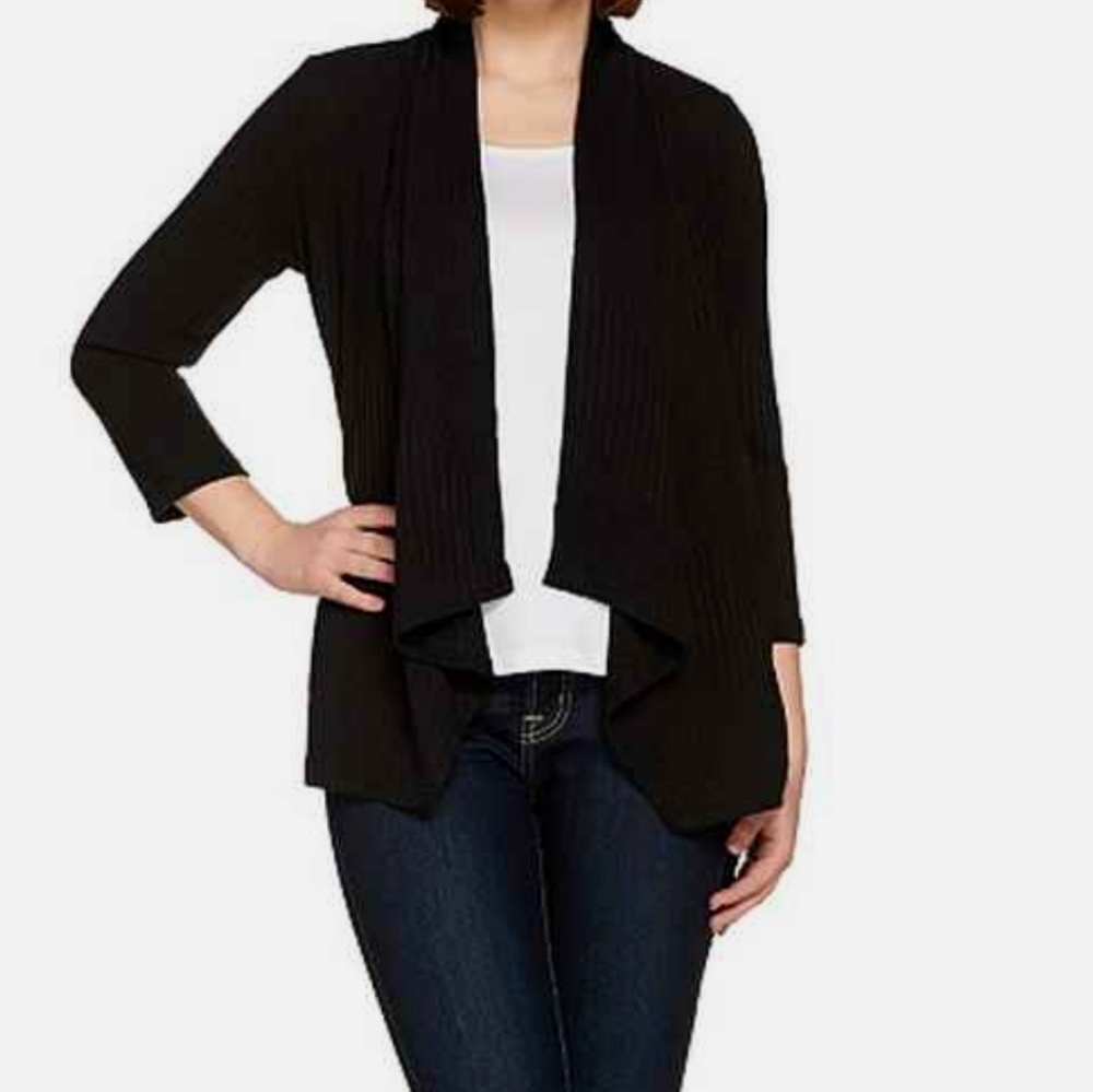 Joan Rivers Plush Faux Suede Waterfall Front Black Cardigan Size M